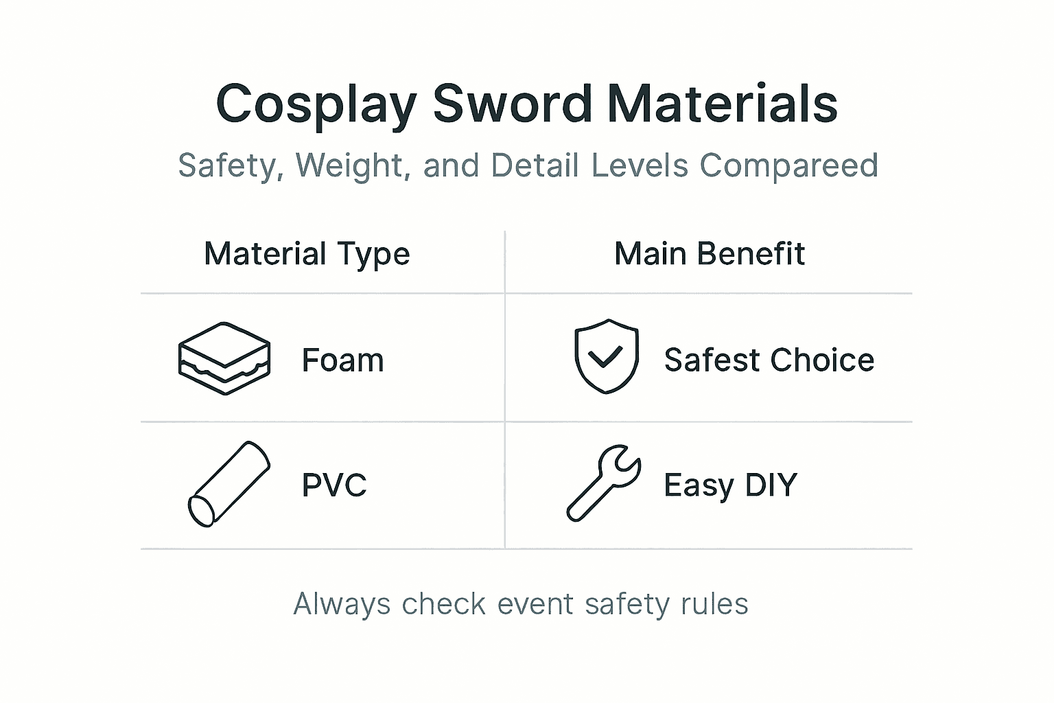 Infographic comparing cosplay sword materials
