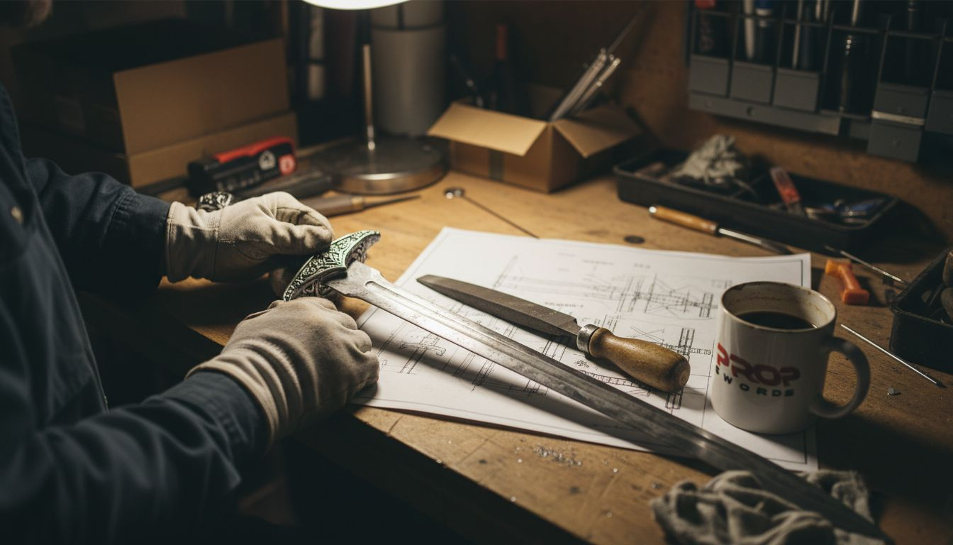 Hands inspecting movie replica sword details