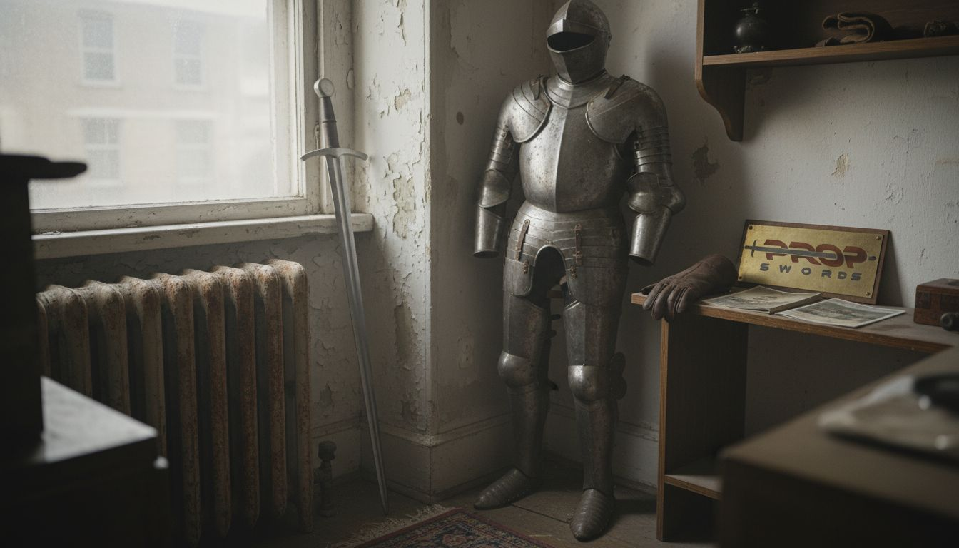Longsword replica beside suit of armor