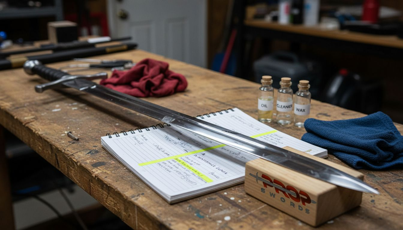 Close-up of steel replica sword on workbench