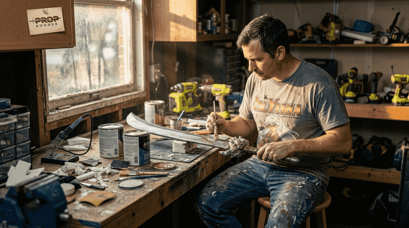 Craftsman working on foam Tessaiga sword