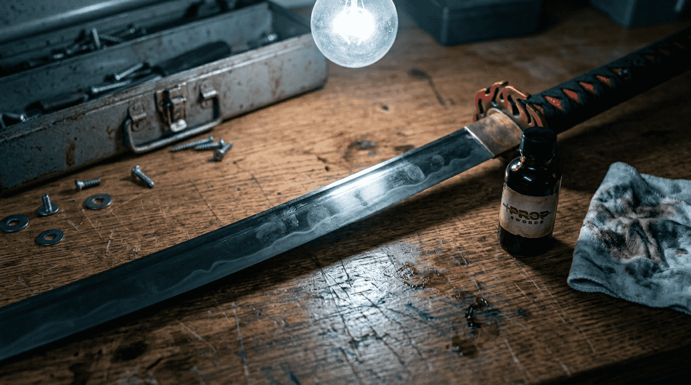 Carbon steel anime sword maintenance close-up