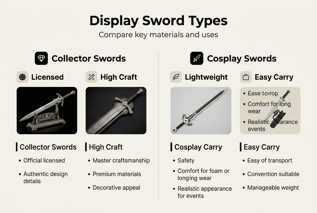 Infographic comparing display sword types and uses