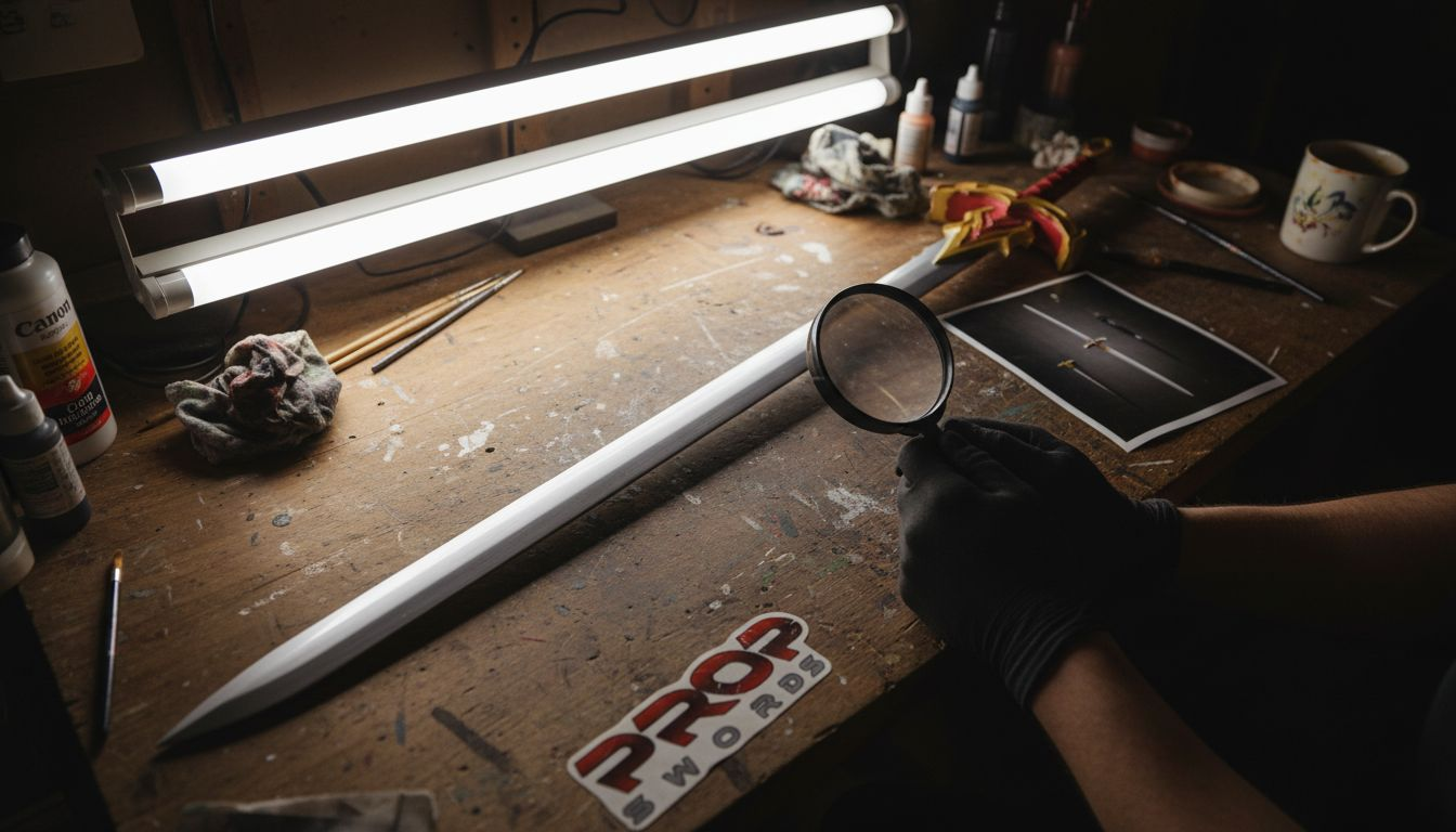 Close-up of anime sword paint details and flaws