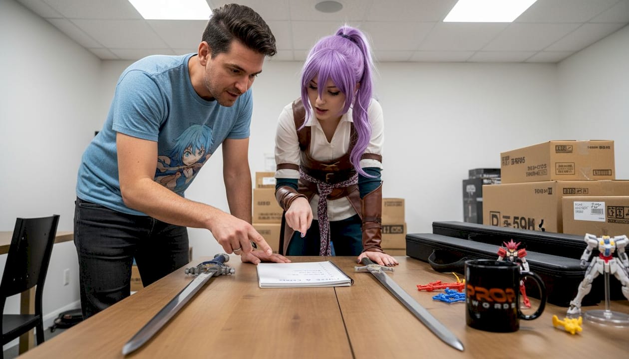 Collectors comparing two anime sword replicas