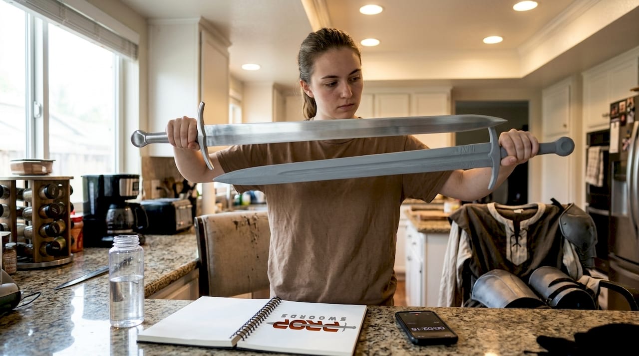 Cosplayer testing aluminum and resin swords