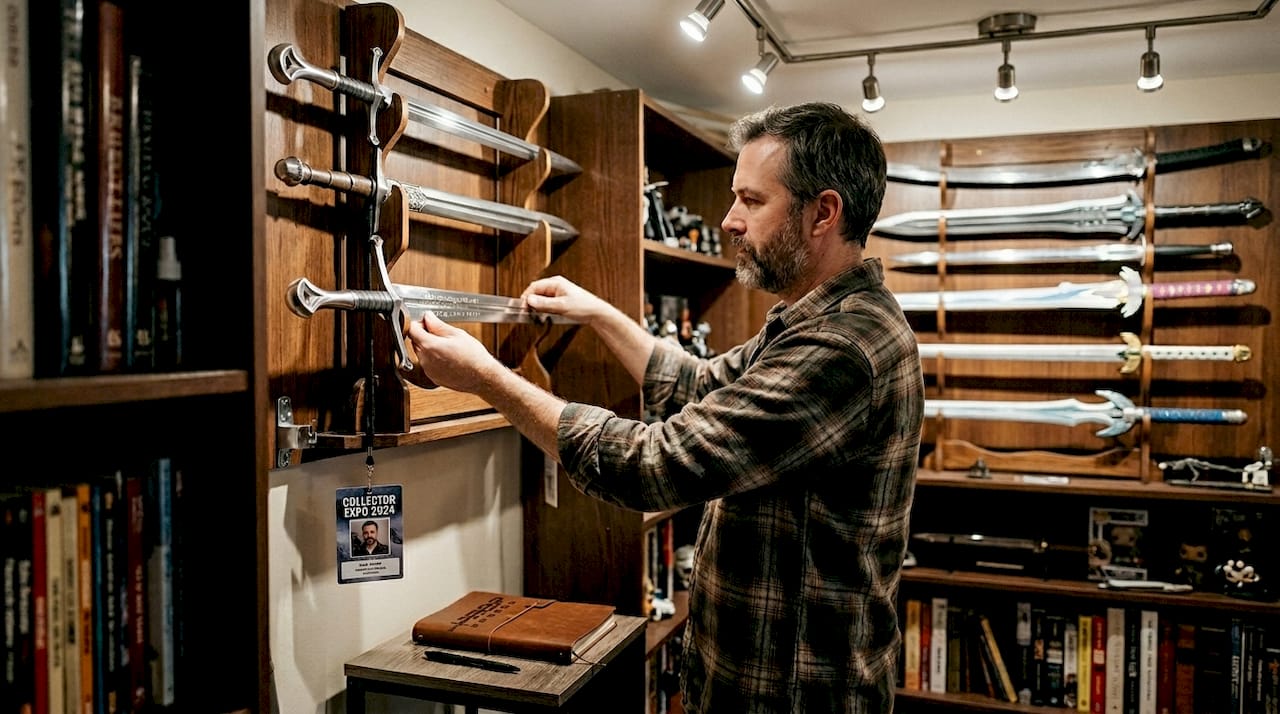 Collector adjusting steel replica on display rack