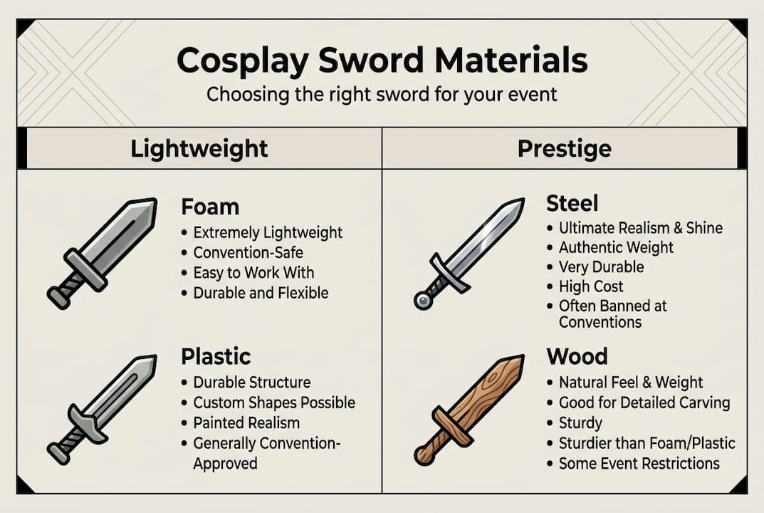 Infographic comparing cosplay sword materials