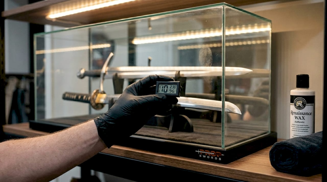 Hand checks humidity near sword display