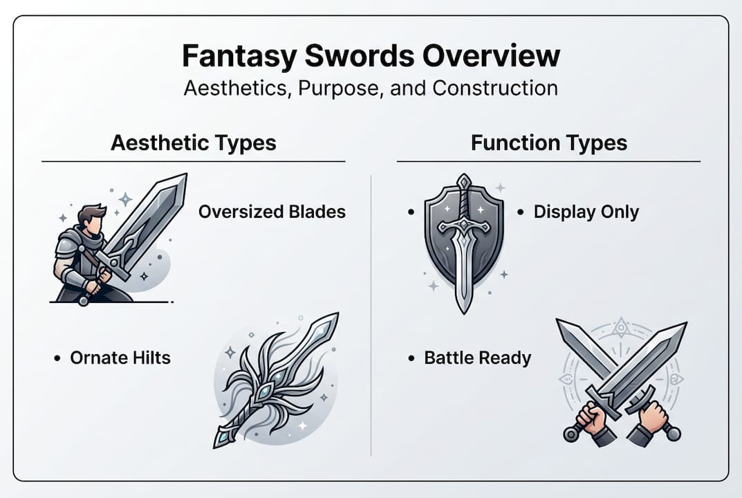 Infographic categorizing fantasy swords by type and purpose