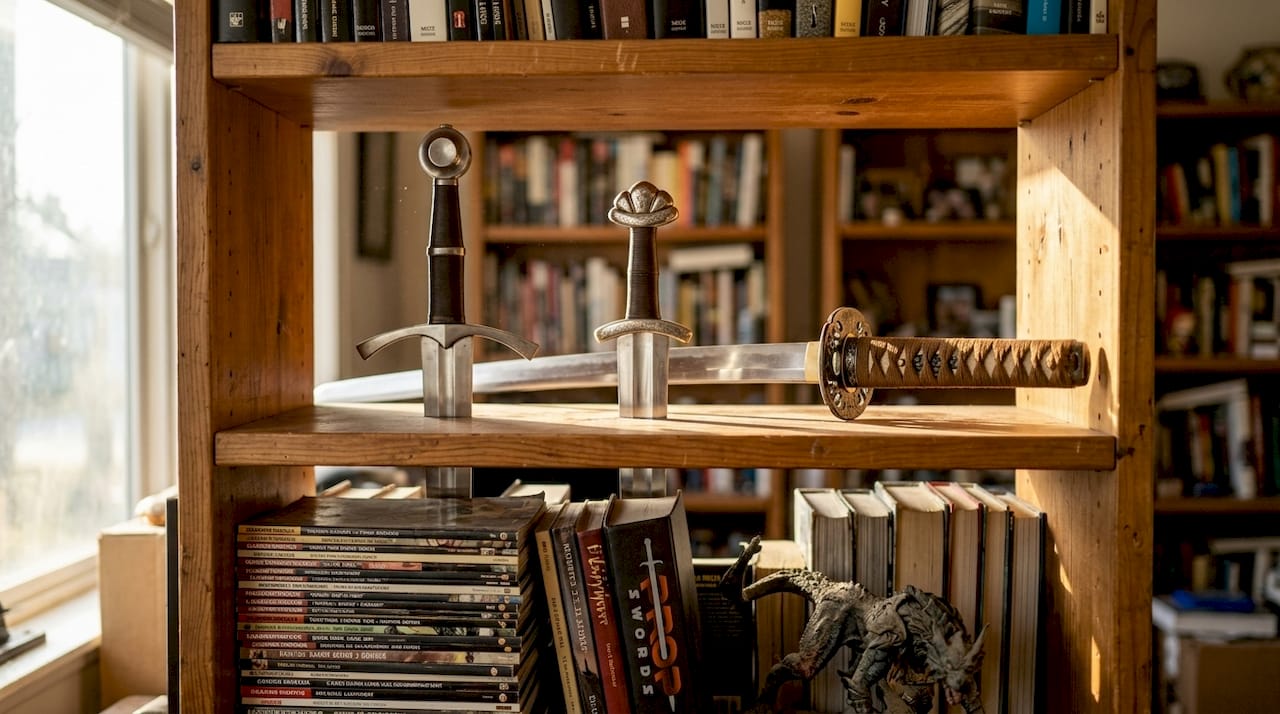 Replica swords displayed on living room shelf
