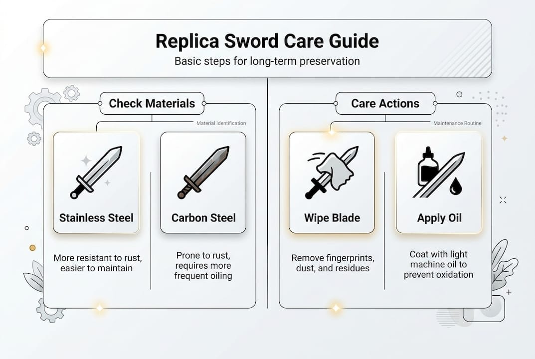 Infographic showing basic replica sword care steps
