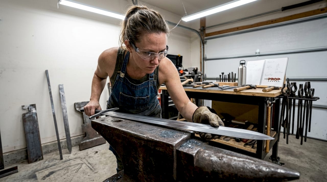 Woman forging sword blade in workshop