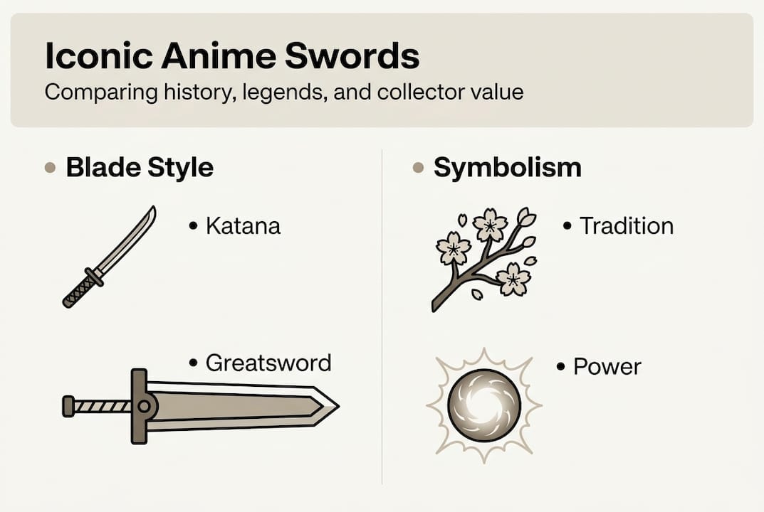 Infographic comparing anime swords by style and meaning