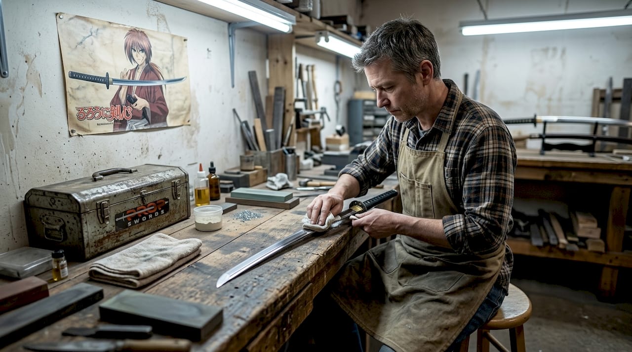 Craftsperson polishing katana at workbench