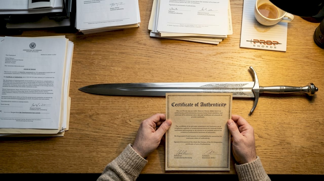 Hands inspecting sword certificate of authenticity