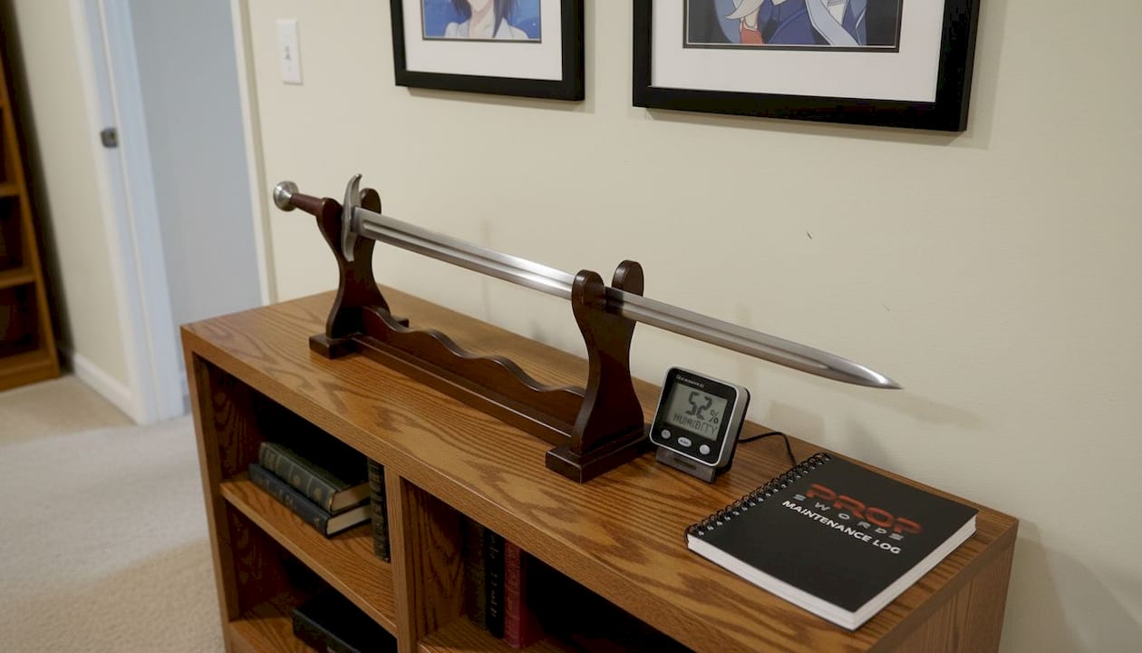 Replica sword displayed on home rack with hygrometer