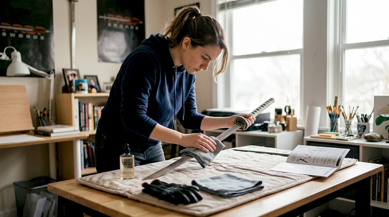 Polishing anime sword in sunlit studio