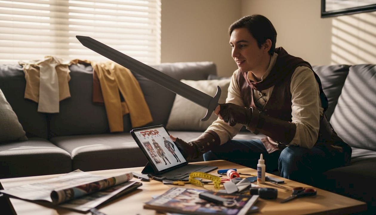 Cosplayer testing sword for accuracy comfort
