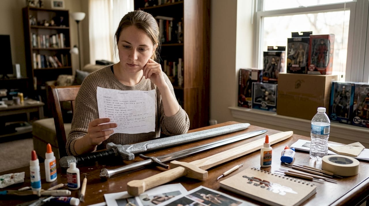 Cosplayer comparing anime replica sword materials