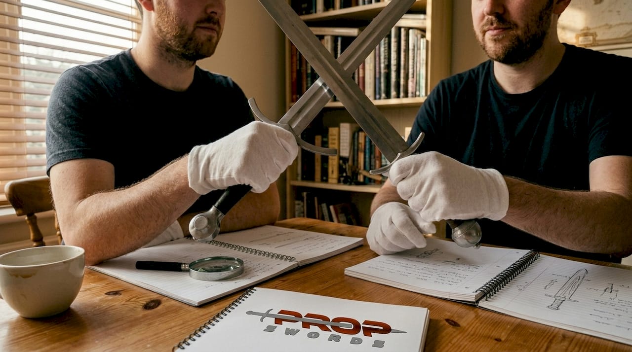 Collectors examining swords at home study table
