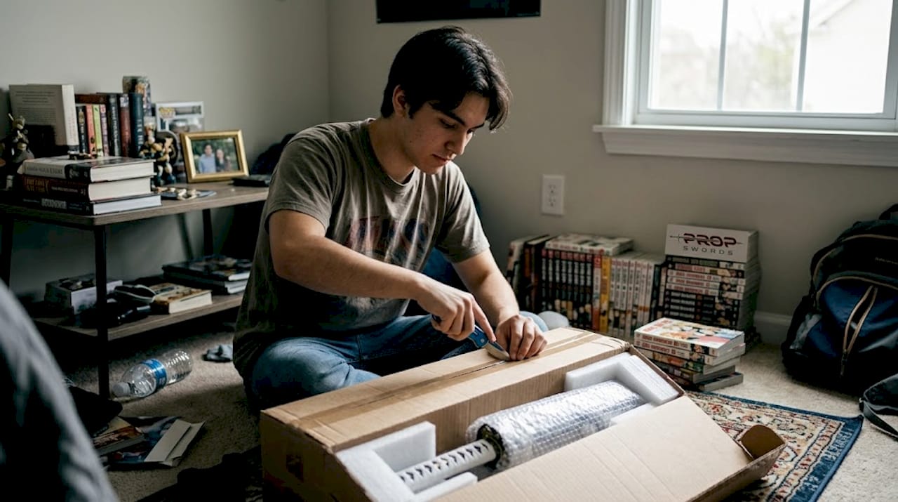 Fan unboxing anime sword replica at home