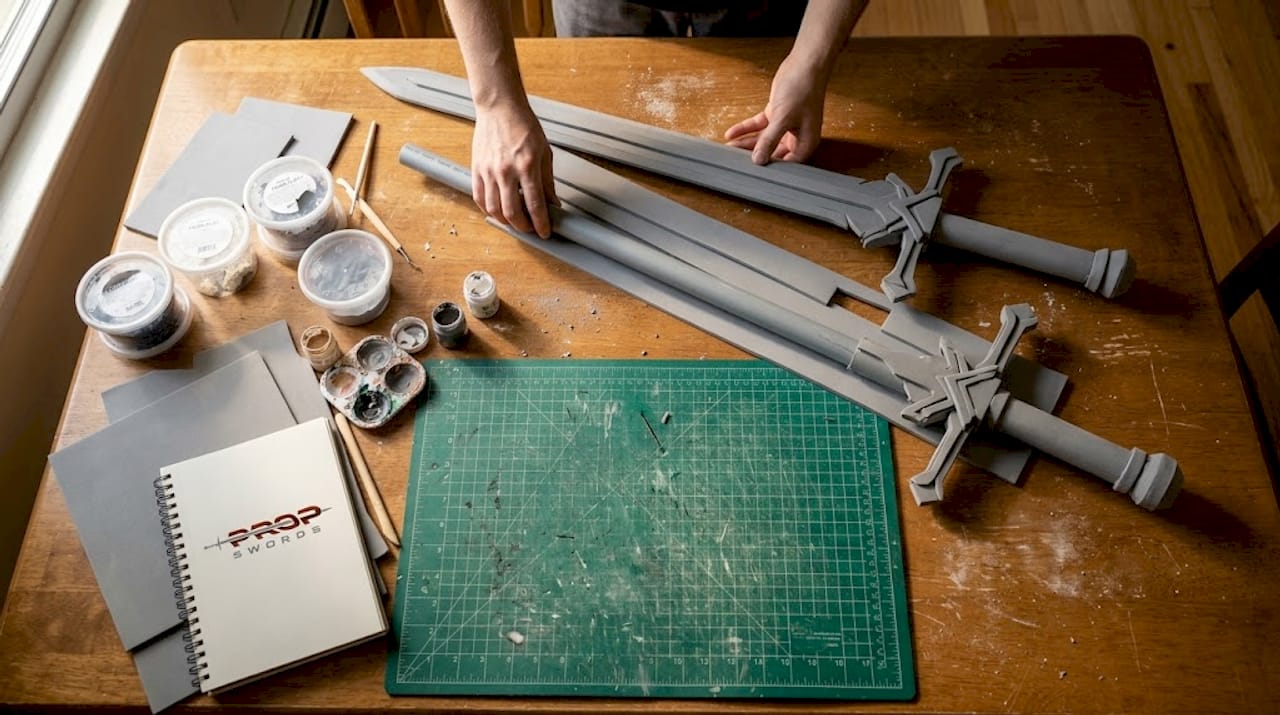 Cosplay sword materials on kitchen table