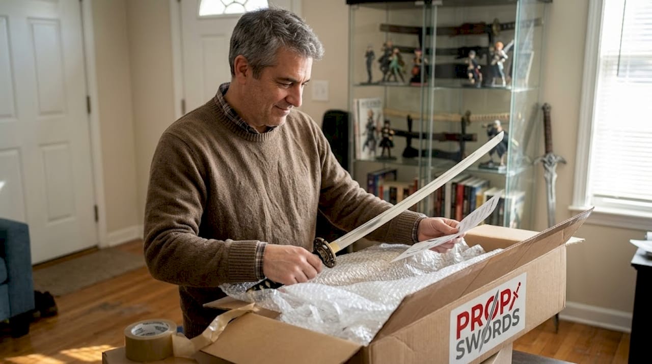 Collector inspecting new anime sword package