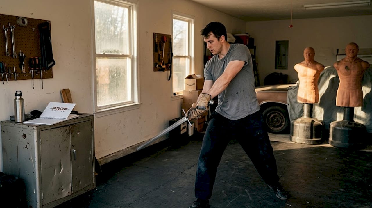 Practitioner demonstrates sword cut in training space