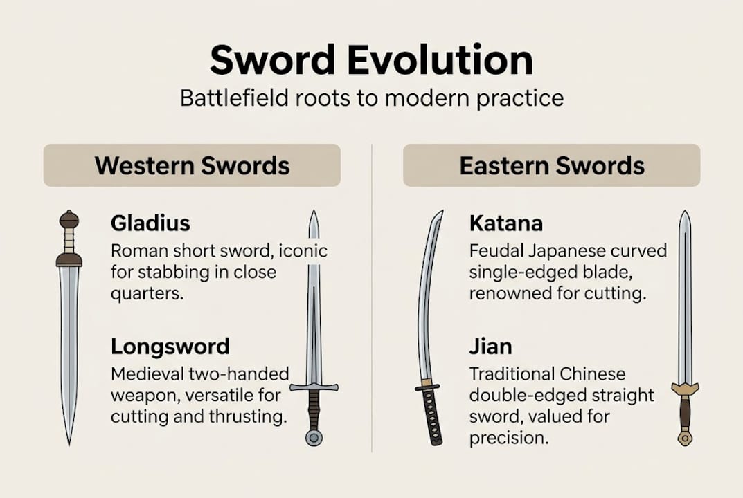 Infographic comparing Western and Eastern sword evolution