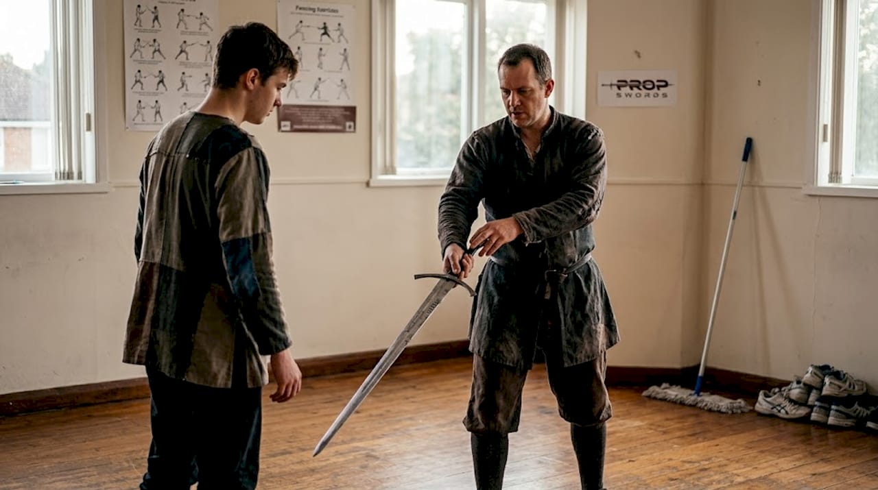 Sword instructor teaching medieval fencing posture