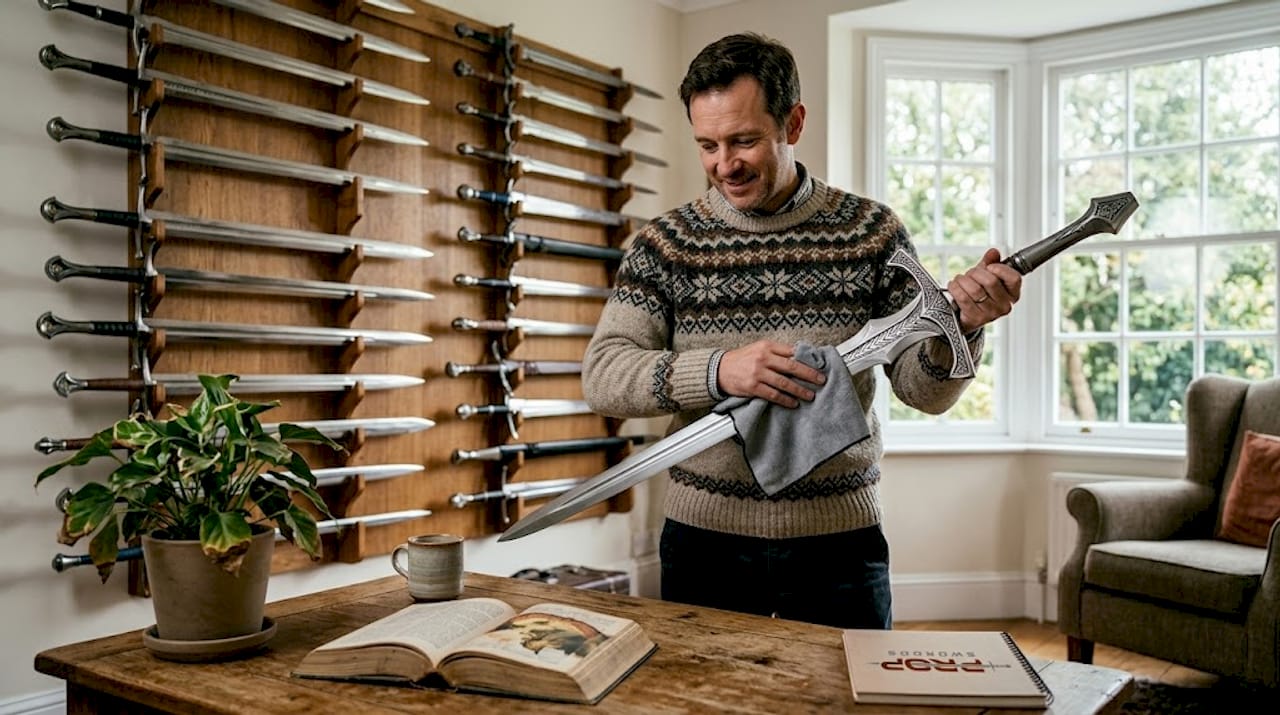 Collector displaying swords on living room wall rack