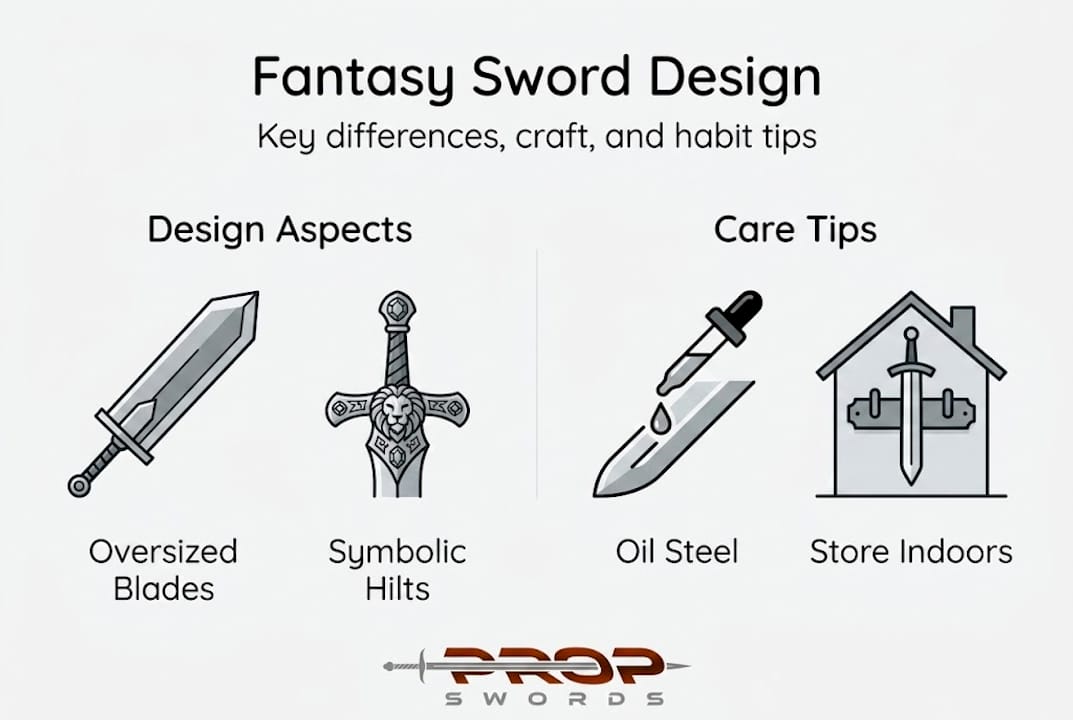 Infographic with fantasy sword design and care tips