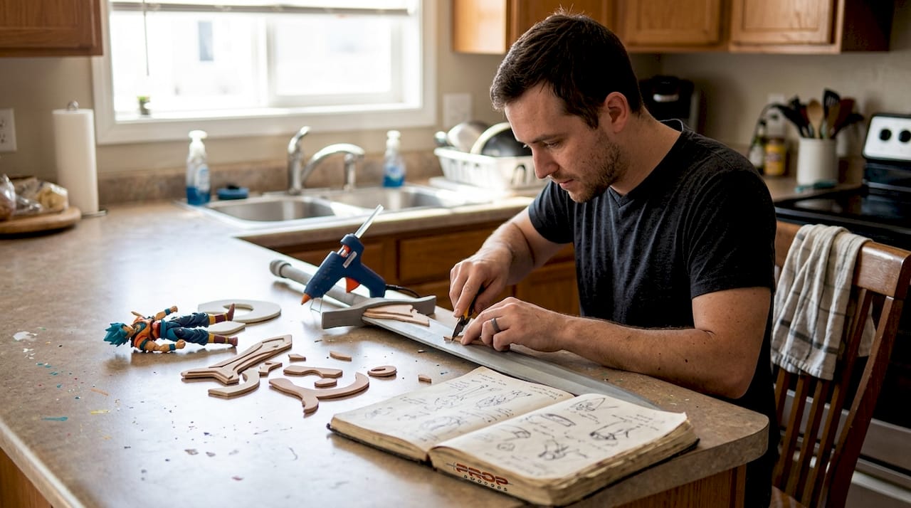 Cosplayer crafting sword accents in kitchen