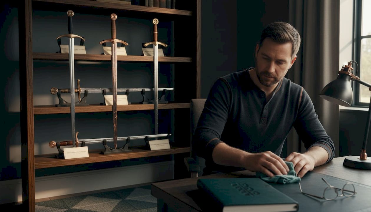 Collector caring for swords on display shelf