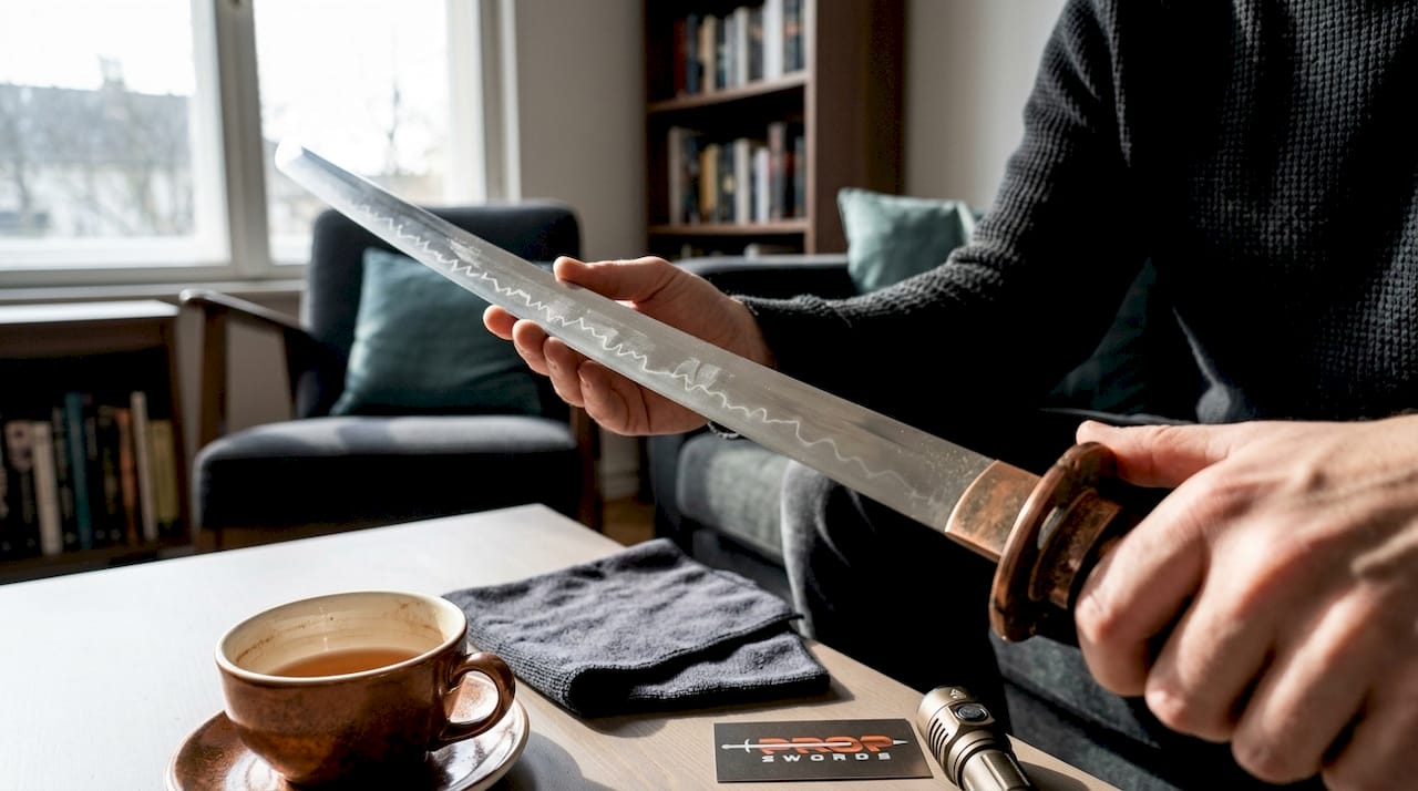 Hands inspecting hamon line on replica sword
