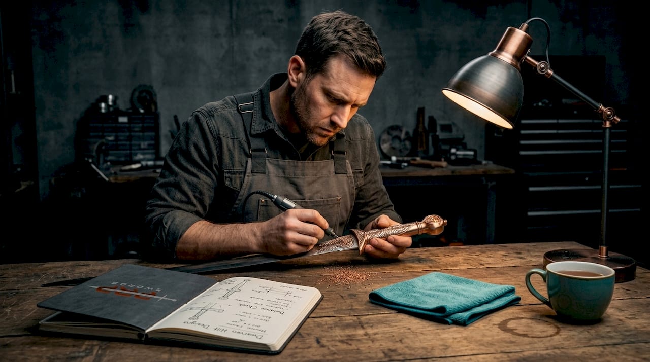 Engraving a custom fantasy sword at workbench