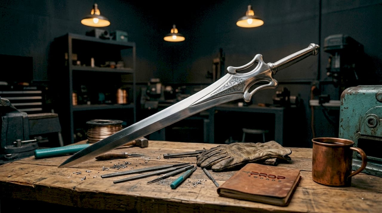 He-Man Power Sword replica on artisan workbench