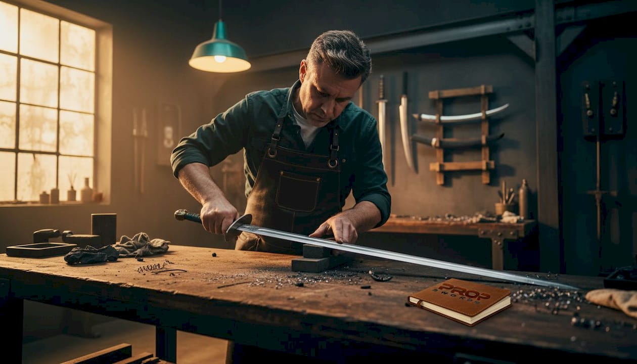 Swordsmith sharpening blade in busy workshop