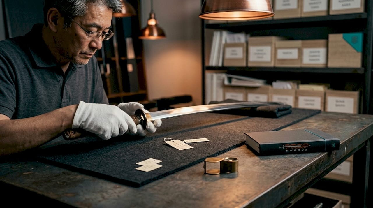 Appraiser inspects katana in studio setting