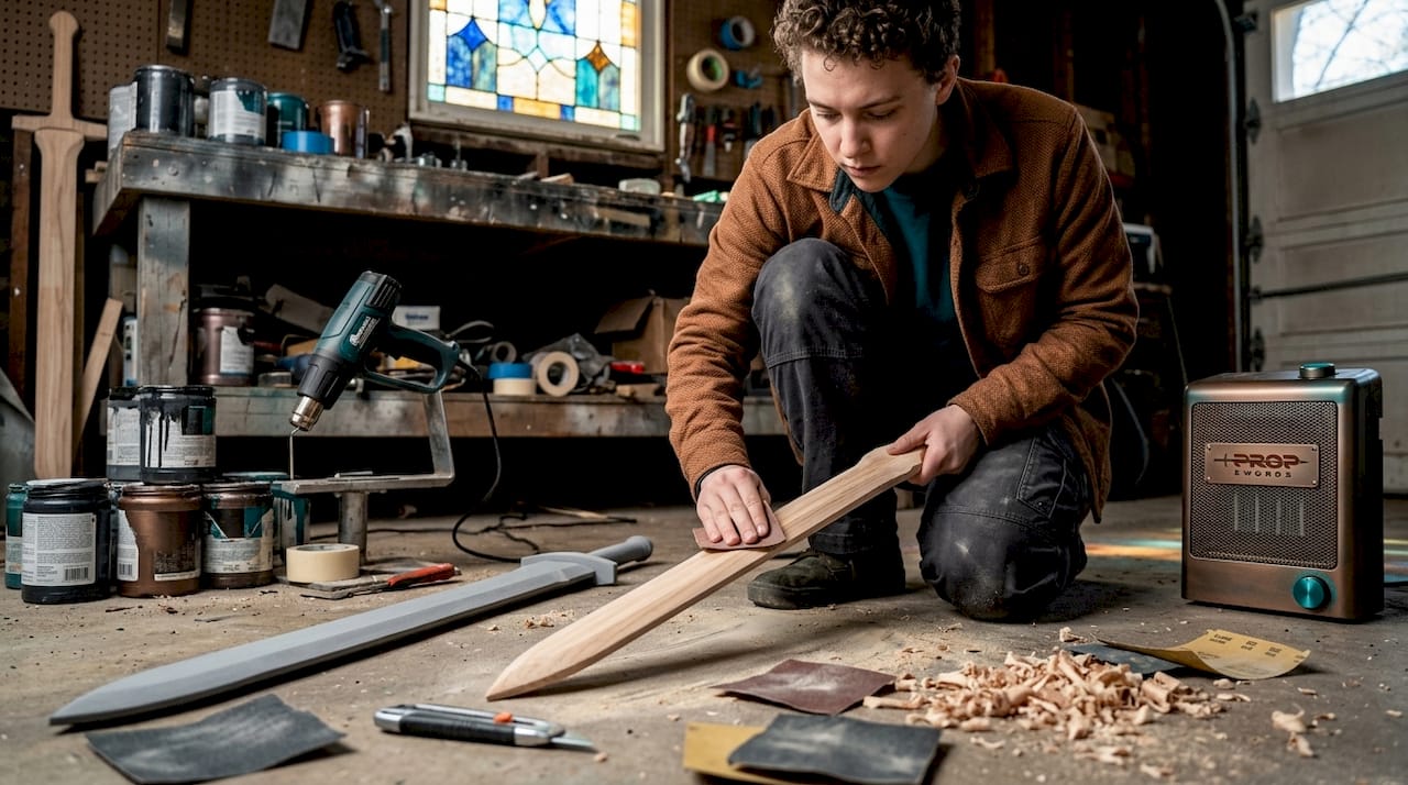 Cosplayer works on foam and wood sword props
