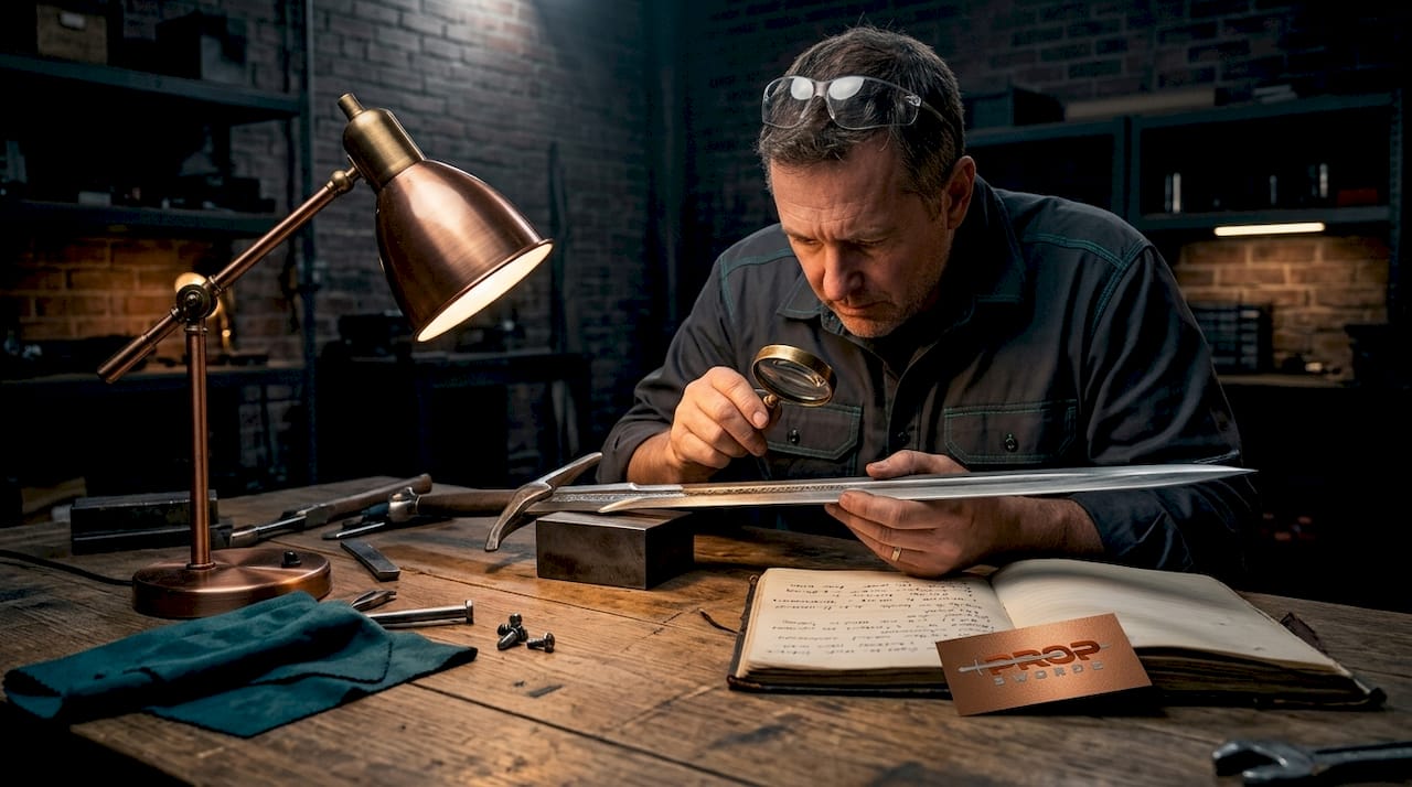 Hobbyist inspecting quality of movie sword