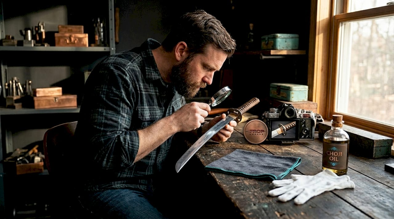 Hobbyist inspects Japanese katana for authenticity