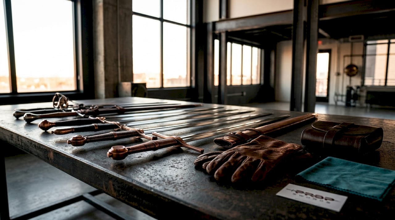 Medieval replica swords lined on display bench