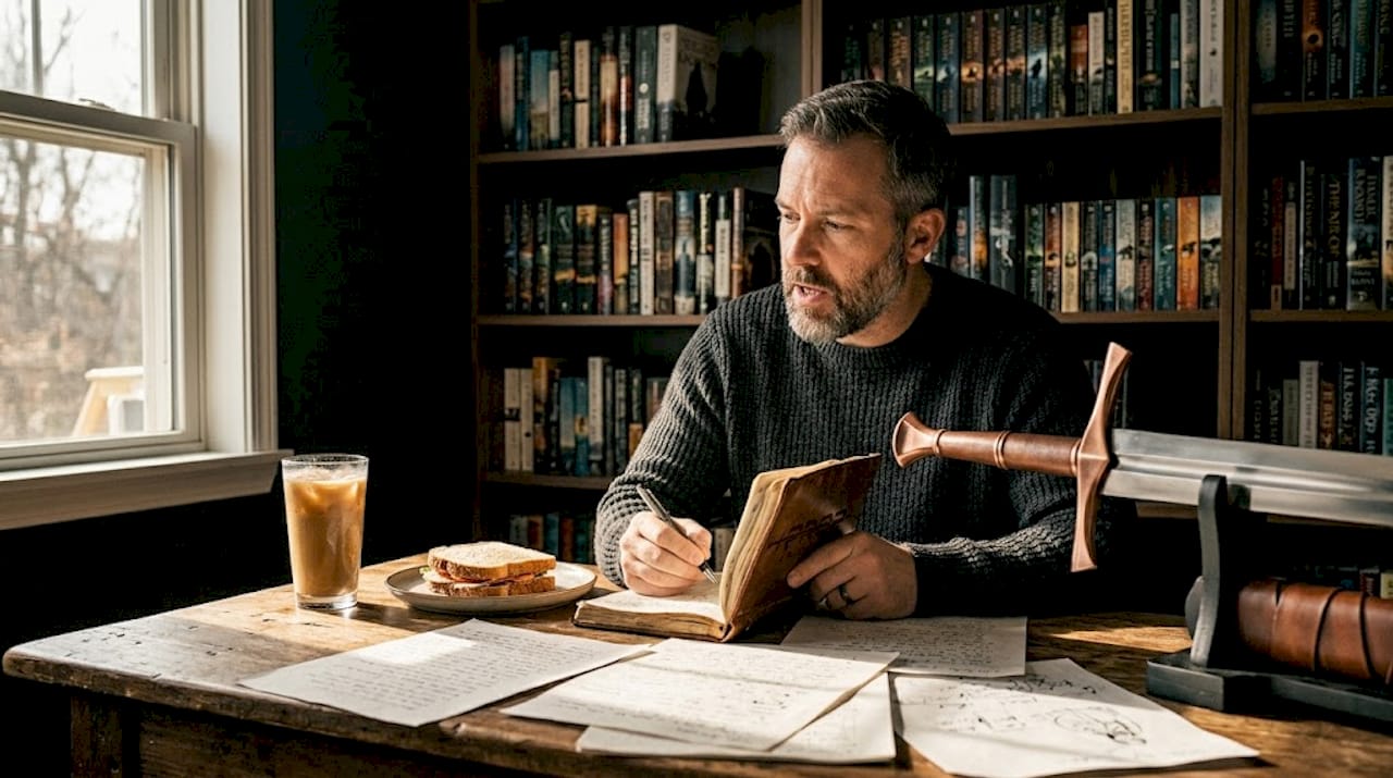 Writer at desk with sword prop nearby