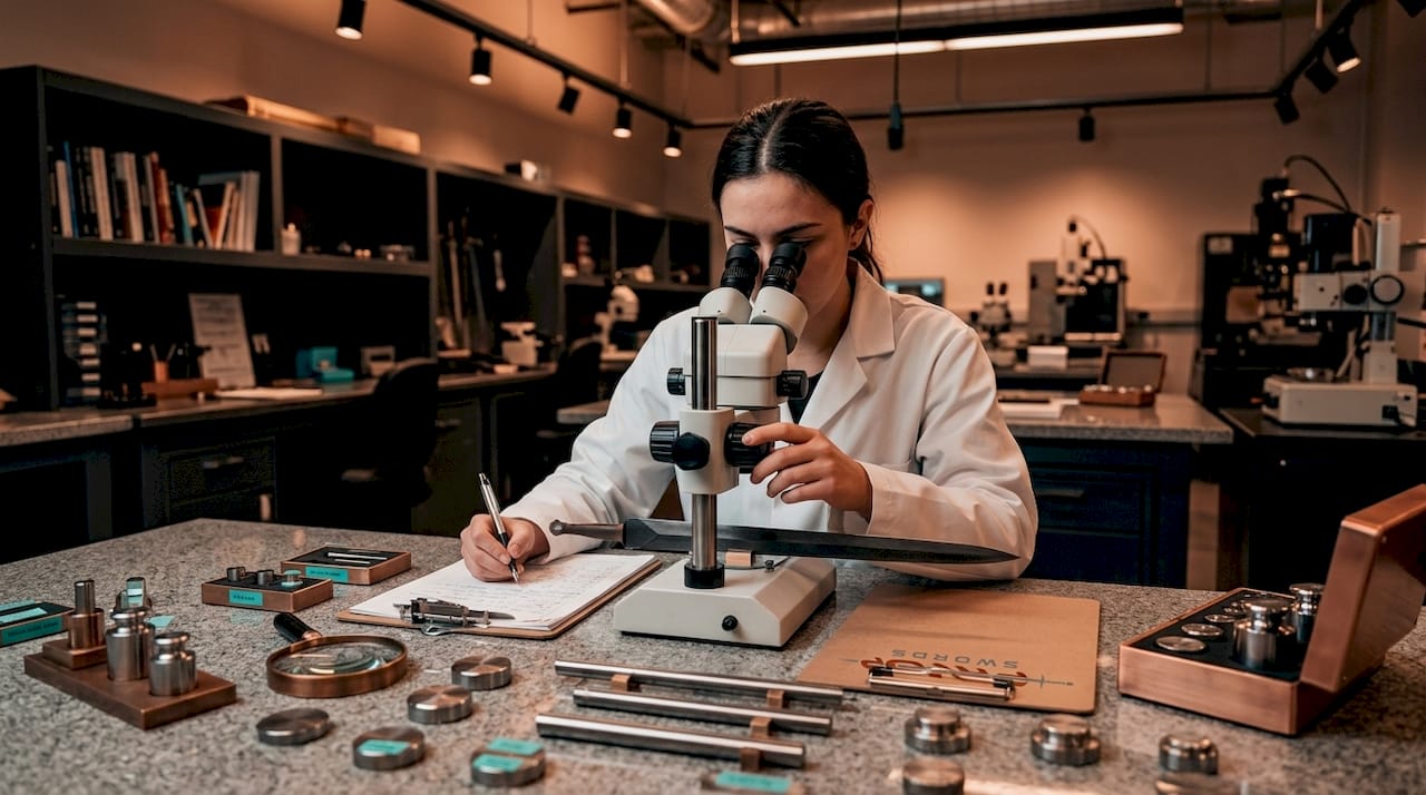 Lab technician analyzing sword steel sample
