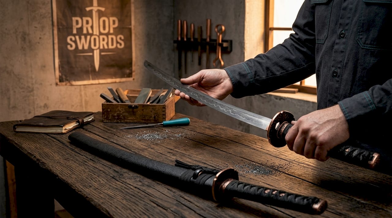 Authentic and replica swords on workshop bench