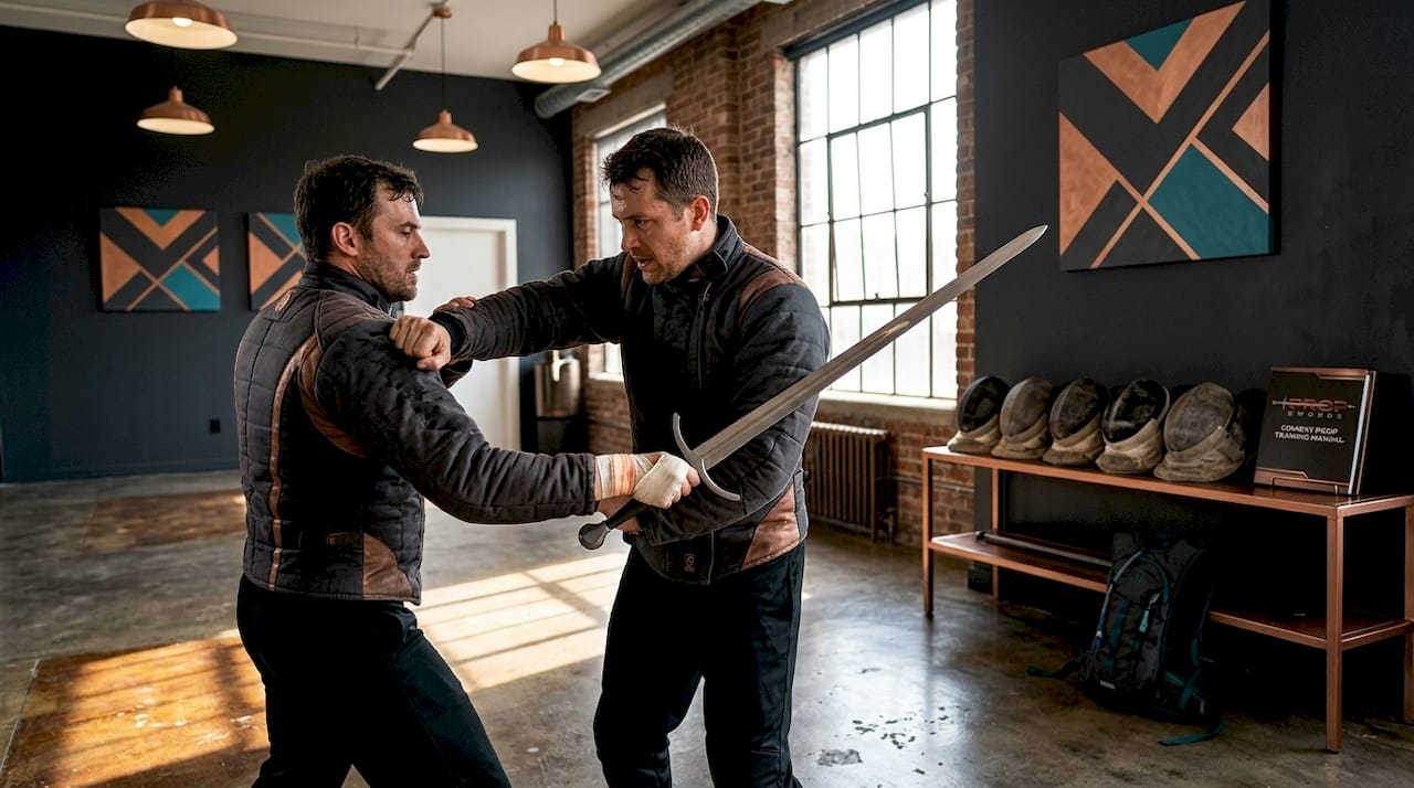 Instructors practicing longsword fencing and grappling