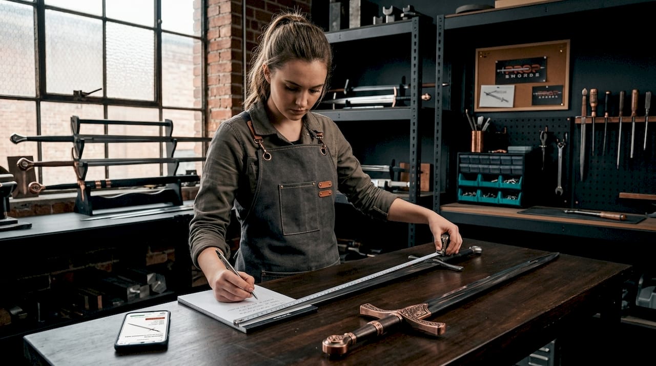 Woman comparing sword replicas at home