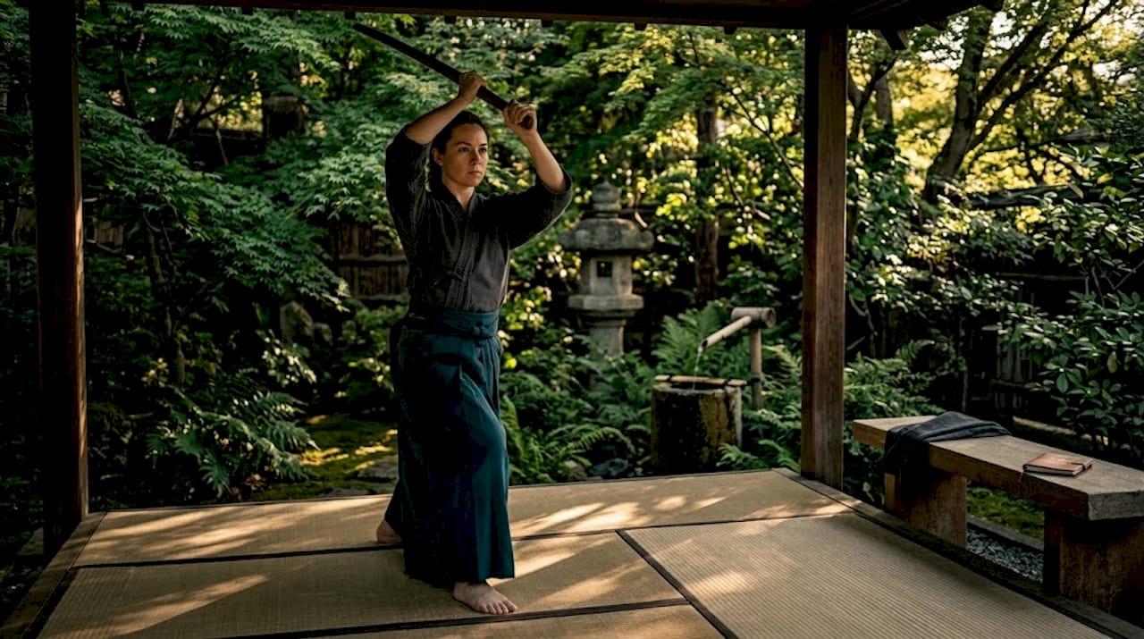 Martial artist practices kenjutsu in traditional dojo